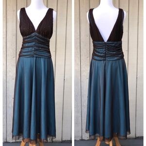 Y2K JS Boutique Beaded Mesh Ruched Pleated Blue Black Evening Maxi Dress size 10